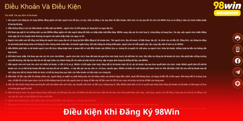 Điều Kiện Khi Đăng Ký 98Win